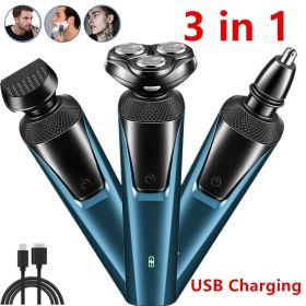 USB Rechargeable 3-In-1 Men's Professional Multi-function Cheek Beard Trimmer Men Nose Hair Cutting Barber Shaver Machine Blue (Logistics only For USP